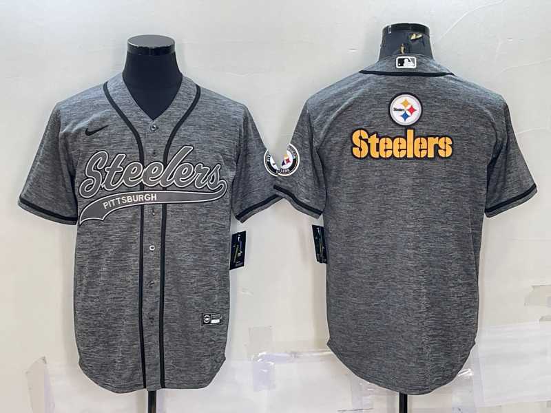 Mens Pittsburgh Steelers Grey Gridiron Team Big Logo Cool Base Stitched Baseball Jersey->pittsburgh steelers->NFL Jersey